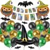 Halloween Party Bundle - Green, Gold & Black Balloons, Halloween Bunting, Pumpkin Balloons, Witch Hat Balloon, Bat Balloon, Hanging Bat Decorations - Fun Spooky Scary Halloween Party Decoration Set