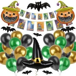 Halloween Party Bundle - Green, Gold & Black Balloons, Halloween Bunting, Pumpkin Balloons, Witch Hat Balloon, Bat Balloon, Hanging Bat Decorations - Fun Spooky Scary Halloween Party Decoration Set