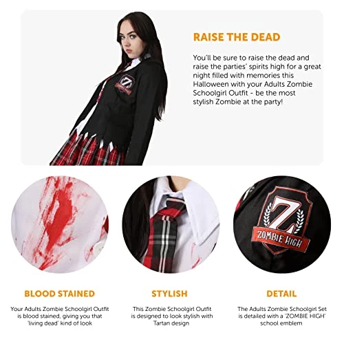 Ladies Halloween Zombie Schoolgirl Costume - Black And Tartan Bloodstained School Uniform With Tattered Edges - Adults Halloween Trick Or Treat Fancy Dress Costume 2 Ladies Halloween Zombie Schoolgirl Costume - Black And Tartan Bloodstained School Uniform With Tattered Edges - Adults Halloween Trick Or Treat Fancy Dress Costume - Image 2