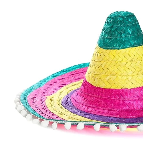 I LOVE FANCY DRESS Adults Multicoloured Mexican Sombreros - Green/Yellow/Pink Striped Straw Hat With Pom Pom Trimming For Mens And Women 5 I LOVE FANCY DRESS Adults Multicoloured Mexican Sombreros - Green/Yellow/Pink Striped Straw Hat With Pom Pom Trimming For Mens And Women - Image 5