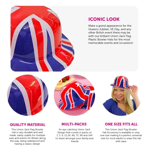 I LOVE FANCY DRESS Union Jack Bowler Hat - British Flag Plastic Bowler Hats β VE Day, King's Coronation, Queens Jubilee, Britain Celebrations 2 I LOVE FANCY DRESS Union Jack Bowler Hat - British Flag Plastic Bowler Hats β VE Day, King's Coronation, Queens Jubilee, Britain Celebrations - Image 2