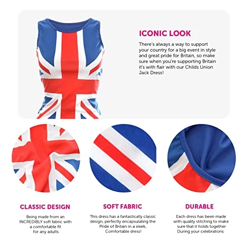 Childs Union Jack Dress - Red, White And Blue Union Jack Flag Classic Dress - King's Coronation, 90s Music Icons, Brit Pop, VE Day Fancy Dress 2 Childs Union Jack Dress - Red, White And Blue Union Jack Flag Classic Dress - King's Coronation, 90s Music Icons, Brit Pop, VE Day Fancy Dress - Image 2