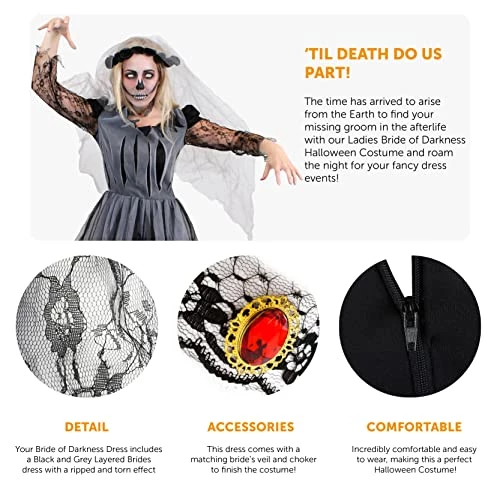 Ladies Ghost Bride Halloween Fancy Dress - Large - Black Corpse Bride Wedding Dress - Perfect For Halloween Or Any Fancy Dress Party 2 Ladies Ghost Bride Halloween Fancy Dress - Large - Black Corpse Bride Wedding Dress - Perfect For Halloween Or Any Fancy Dress Party - Image 2