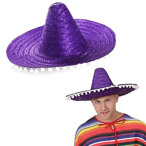 Adults Sombrero Hat - Purple Mexican Sombrero With White Pompom Details - Mens Ladies Mexican Cinco De Mayo Fiesta Fancy Dress Costume Accessory 1 Adults Sombrero Hat - Purple Mexican Sombrero With White Pompom Details - Mens Ladies Mexican Cinco De Mayo Fiesta Fancy Dress Costume Accessory