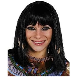 EGYPTIAN WIG WOMENS CLEOPATRA WIG FANCY DRESS ACCESSORY LADIES QUEEN OF THE NILE BLACK WIG WITH PLAITS AT THE FRONT AND THICK FRINGE