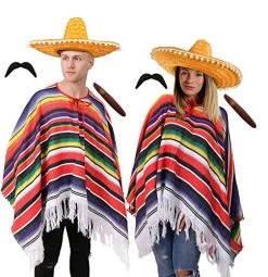 ADULTS MEXICAN WILD WEST COUPLES FANCY DRESS COSTUME - 2X DELUXE STRIPED PONCHO, 2X POM POM EDGING SOMBRERO, 2X JUMBO PLASTIC CIGARS, 2X BLACK STICK ON TASH - PERFECT FOR MENS AND LADIES AROUND THE WORLD, MEXICAN, WILD WEST FANCY DRESS PARTIES