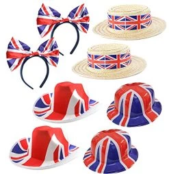 Union Jack Hat Set - 8pc Set - Union Jack Bow Headband, Union Jack Boaters, Union Jack Cowboy Hats, Union Jack Bowlers - King's Coronation Street Party Fancy Dress Accessory Set