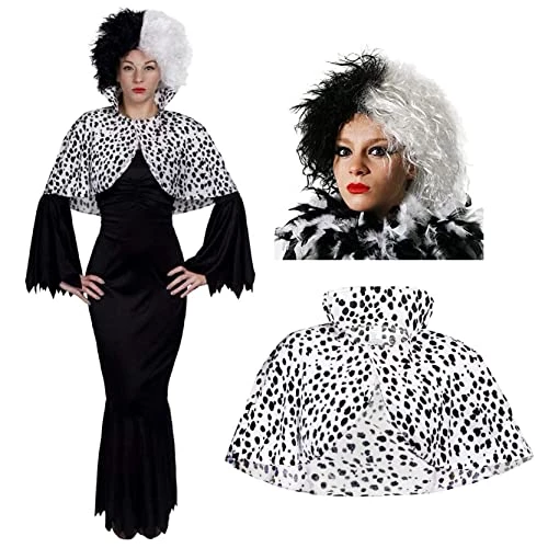 Adults Evil Dog Lady Dalmatian Print Fancy Dress Costume - Long Black Dress, Dalmatian Print Cape & Wig - Perfect For Halloween Or World Book Day Fancy Dress 1 Adults Evil Dog Lady Dalmatian Print Fancy Dress Costume - Long Black Dress, Dalmatian Print Cape & Wig - Perfect For Halloween Or World Book Day Fancy Dress