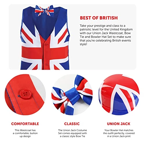 Adults Union Jack Costume - Union Jack Waistcoat + Union Jack Bowtie And Union Jack Bowler Hat - King's Coronation Fancy Dress Costume 2 Adults Union Jack Costume - Union Jack Waistcoat + Union Jack Bowtie And Union Jack Bowler Hat - King's Coronation Fancy Dress Costume - Image 2