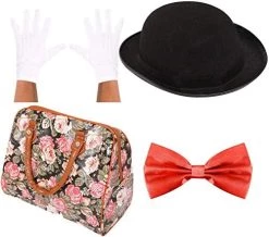 POPPINS ACCESSORIES PACK. EDWARDIAN NANNY FANCY DRESS PROPS: BOWLER HAT + WHITE GLOVES + FAUX-LEATHER CARPET BAG + RED BOW TIE. SIZE: WOMENS 58CM HAT 18 POPPINS ACCESSORIES PACK. EDWARDIAN NANNY FANCY DRESS PROPS: BOWLER HAT + WHITE GLOVES + FAUX-LEATHER CARPET BAG + RED BOW TIE. SIZE: WOMENS 58CM HAT -I Love Fancy Dress Ltd Shop 51lpc7s3DL. AC