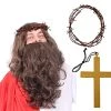 JESUS WIG & BEARD FANCY DRESS ACCESSORY KIT BROWN RELIGIOUS WIG WITH GOLD CROSS & CROWN OF THORNS