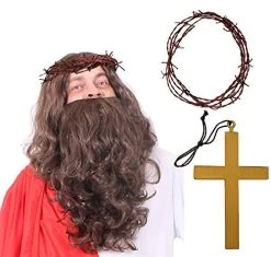 JESUS WIG & BEARD FANCY DRESS ACCESSORY KIT BROWN RELIGIOUS WIG WITH GOLD CROSS & CROWN OF THORNS