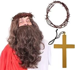JESUS WIG & BEARD FANCY DRESS ACCESSORY KIT BROWN RELIGIOUS WIG WITH GOLD CROSS & CROWN OF THORNS -I Love Fancy Dress Ltd Shop 51mRL8M2jUL. AC