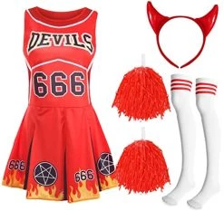 Ladies Halloween Devil Cheerleader - Medium - Red Cheerleader Dress, Red Pompoms, Devil Horns And White & Red Sport Socks - Adults Cheer Captain Halloween Trick Or Treat Fancy Dress Costume