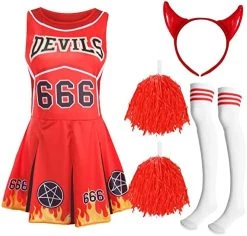 Ladies Halloween Devil Cheerleader - Medium - Red Cheerleader Dress, Red Pompoms, Devil Horns And White & Red Sport Socks - Adults Cheer Captain Halloween Trick Or Treat Fancy Dress Costume -I Love Fancy Dress Ltd Shop 51qiWum0CDL. AC 2