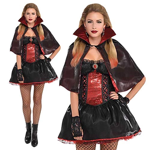 LADIES DARK VAMP VAMPIRESS HALLOWEEN FANCY DRESS COSTUME - ADULTS GOTHIC OUTFIT - CORSET STYLE DRESS WITH RED SEQUIN DETAIL, MULTI LAYER UNDERSKIRT, STAND UP COLLAR CAPE & BLACK LACE GLOVES 2 LADIES DARK VAMP VAMPIRESS HALLOWEEN FANCY DRESS COSTUME - ADULTS GOTHIC OUTFIT - CORSET STYLE DRESS WITH RED SEQUIN DETAIL, MULTI LAYER UNDERSKIRT, STAND UP COLLAR CAPE & BLACK LACE GLOVES - Image 2
