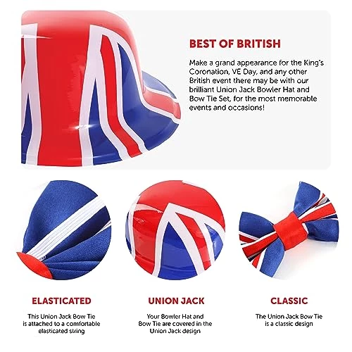 Union Jack Accessory Set - Plastic Union Jack Bowler Hat + Union Jack Bowtie - Kings Coronation Street Party Fancy Dress Costume Accessory Set 2 Union Jack Accessory Set - Plastic Union Jack Bowler Hat + Union Jack Bowtie - Kings Coronation Street Party Fancy Dress Costume Accessory Set - Image 2