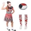 CHILDS SCARY CLOWN DELUXE HALLOWEEN COSTUME - BLACK & WHITE DRESS + MINI BOWLER HAT ON HEADBAND WITH FLOWER + BLOOD-STAINED TIGHTS + BLACK, WHITE & RED FACEPAINT (SIZE: SMALL)