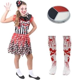 CHILDS SCARY CLOWN DELUXE HALLOWEEN COSTUME - BLACK & WHITE DRESS + MINI BOWLER HAT ON HEADBAND WITH FLOWER + BLOOD-STAINED TIGHTS + BLACK, WHITE & RED FACEPAINT (SIZE: SMALL) -I Love Fancy Dress Ltd Shop 51sgBELmDqL. AC