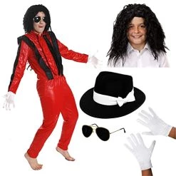 Childs King Of POP Costume Fancy Dress - Red Thriller Jacket + Trousers, Black Wig, Black Hat, Sunglasses & White Gloves - Superstar Outfit Jacko Popstar Halloween
