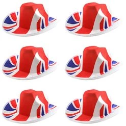 Union Jack Cowboy Hat - Pack Of 6 Felt Cowboy Hat With Union Jack Flag Design - King's Coronation Street Party Fancy Dress Costume Accessory