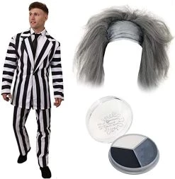 Mens Striped Suit Halloween Fancy Dress Costume, Black & White Stripe Suit With Black Tie, Wig And Facepaint
