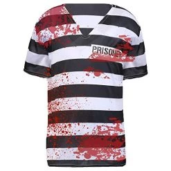 ADULTS ZOMBIE COSTUME - HALLOWEEN PRISONER FANCY DRESS OUTFIT - UNISEX BLACK & WHITE PRINTED TOP + TROUSERS, BLACK, WHITE AND GREY FACEPAINT & FAKE BLOOD -I Love Fancy Dress Ltd Shop 51v9bxvC78L