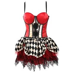 Ladies Scary Clown Halloween Costume - Red & White Corset And Black & White Harlequin Skirt - Adults Clown Halloween Fancy Dress Costume