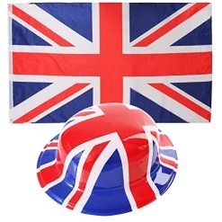 UK FLAG & HAT FANCY DRESS ACCESSORY SET. 3X5FT FLAG + UNION JACK BOWLER HAT. UNITED KINGDOM SUPPORTERS FLAG & HAT FANCY DRESS ACCESSORY SET FOOTBALL RUGBY FLAG