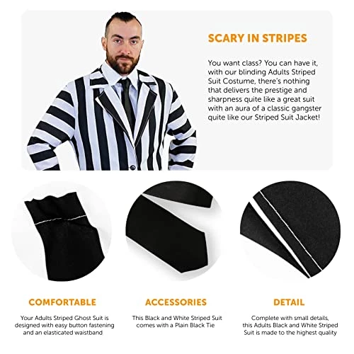 STRIPED SUIT HALLOWEEN FANCY DRESS COSTUME MENS BLACK & WHITE STRIPE SUIT & SHIRT FRONT + BLACK TIE 2 STRIPED SUIT HALLOWEEN FANCY DRESS COSTUME MENS BLACK & WHITE STRIPE SUIT & SHIRT FRONT + BLACK TIE - Image 2