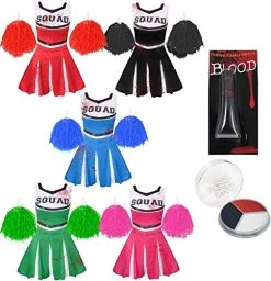 Girls Halloween Zombie Cheerleader Fancy Dress Costume & Accessories – Kids Green Cheer Outfit Including: Short Dress, 2x Green Pom Poms, Fake Blood & Face Paint - Size: Large -I Love Fancy Dress Ltd Shop 51wXAl6mzkL