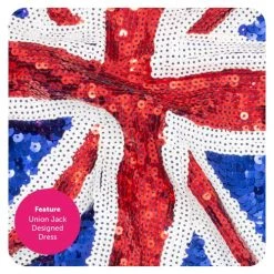 Ladies Sequin Union Jack Dress And Fascinator Hat – Medium - Red, White And Blue Union Jack Flag Sequin Dress, Union Jack Fascinator Hat – 90s Music Icons, Brit Pop, VE Day, Jubilee Fancy Dress -I Love Fancy Dress Ltd Shop 610S2exDtUL