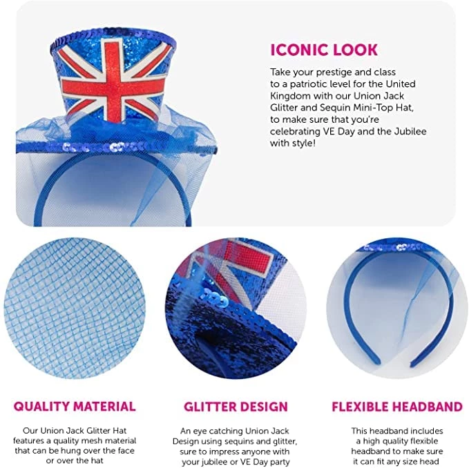 Mini Union Jack Top Hat With Fascinator Veil - Perfect For The Kings Coronation, VE Day, Jubilee Fancy Dress, 90s Music Icons, Brit Pop Blue 2 Mini Union Jack Top Hat With Fascinator Veil - Perfect For The Kings Coronation, VE Day, Jubilee Fancy Dress, 90s Music Icons, Brit Pop Blue - Image 2